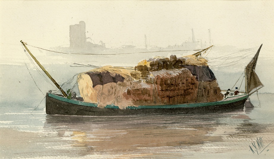 Painting, of a hay barge, about 1890