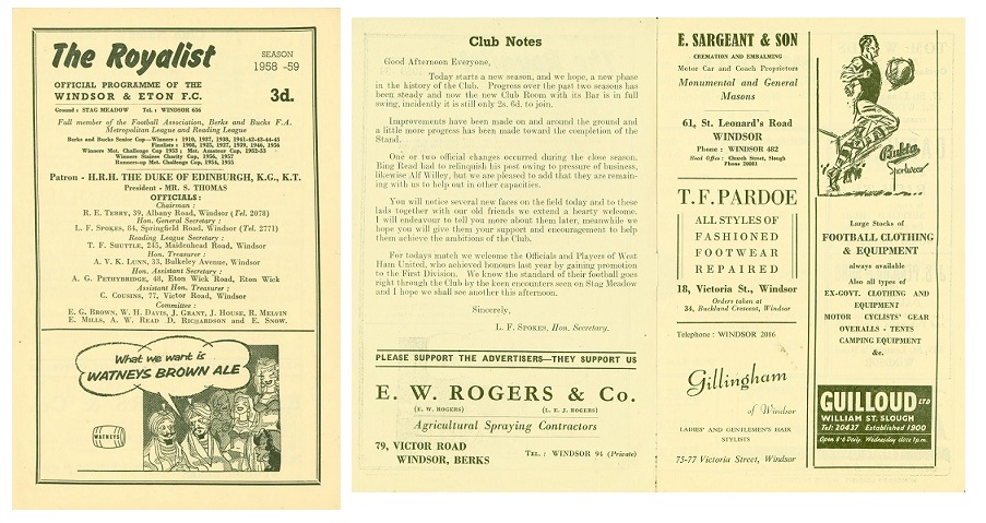 Programme, Windsor & Eton FC, 1958-1959.